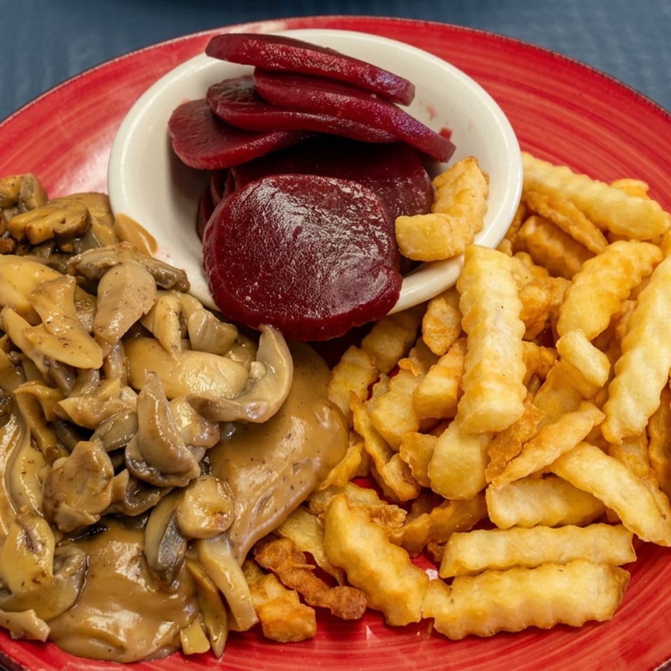 Red plate with mushroom-smothered steak, crinkle-cut fries, and sliced beets in a small bowl.