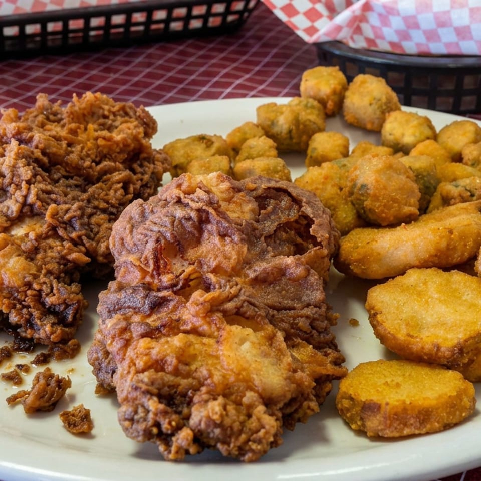 Plate of assorted fried seafood and golden fritters on a red checkered tablecloth.