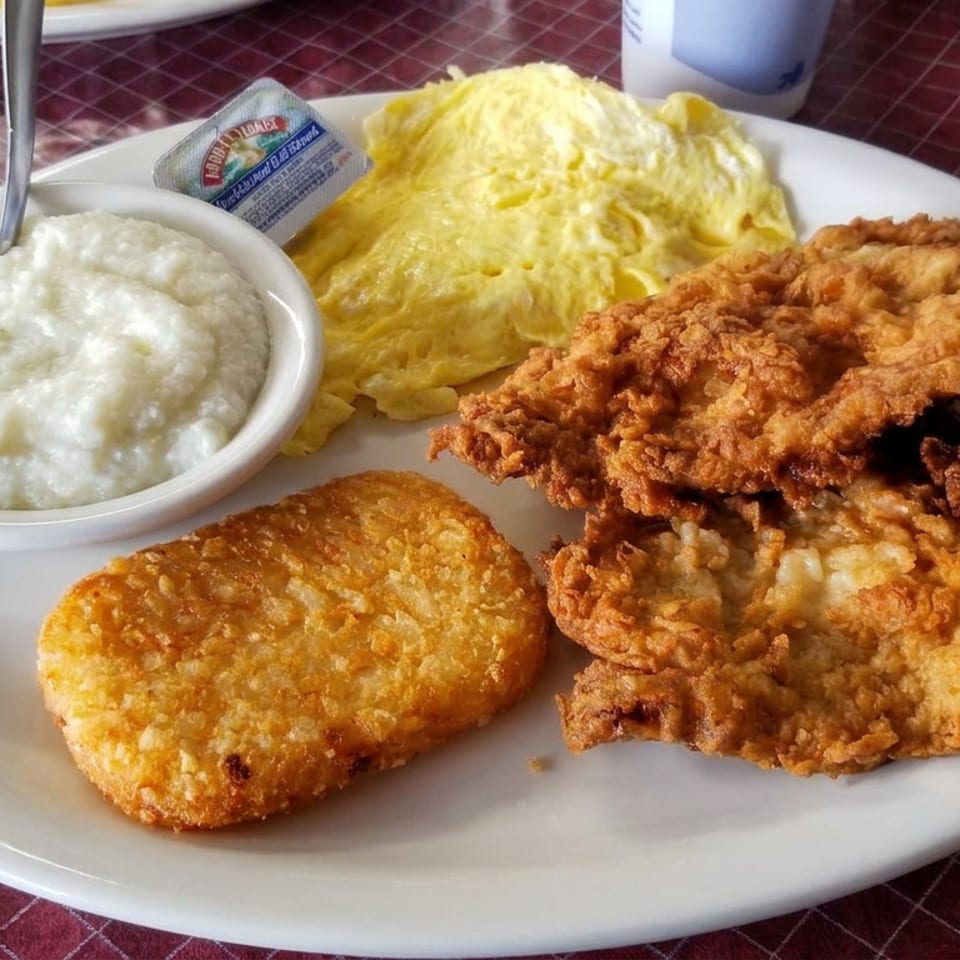 Plate of fried chicken with scrambled eggs, creamy grits, and a golden hash brown on a red checked tablecloth.