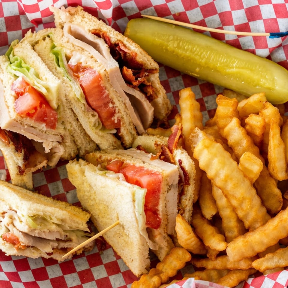 Turkey club sandwich triangles with lettuce and tomato, crinkle-cut fries, and a pickle on red-and-white checkered paper.